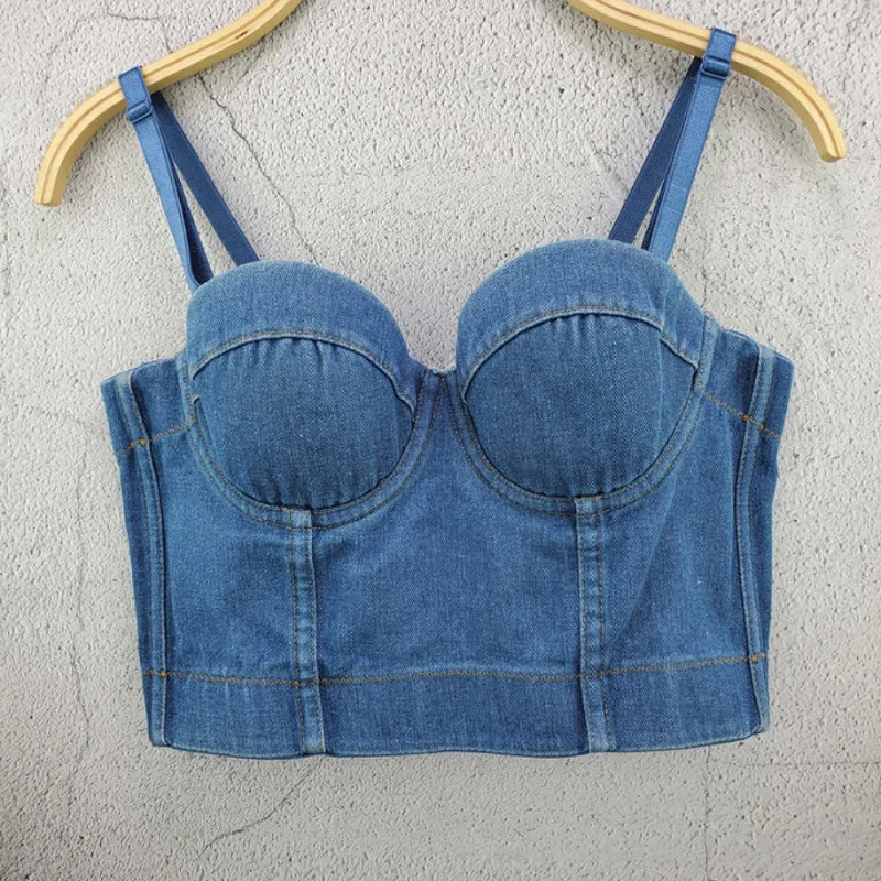Nya mode damer Camis Runway Jeans Crop Top Luxury Blue Sexy Hot Celebrity Party Club Vest 210225