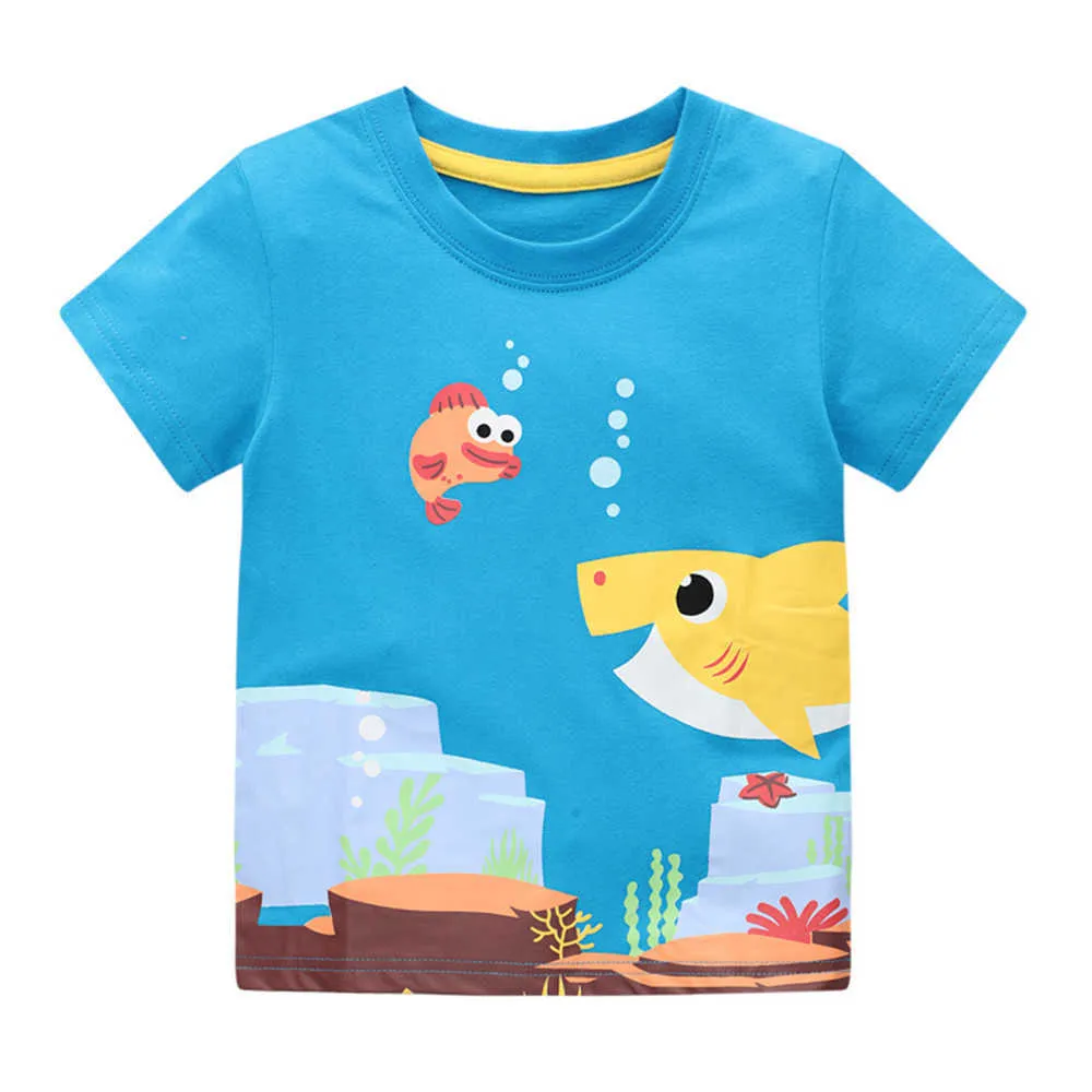 점프 미터 소년을위한 여름 물고기 티셔츠 소녀 패션 키즈 옷 ees Ops 아기 면화 의상 210529