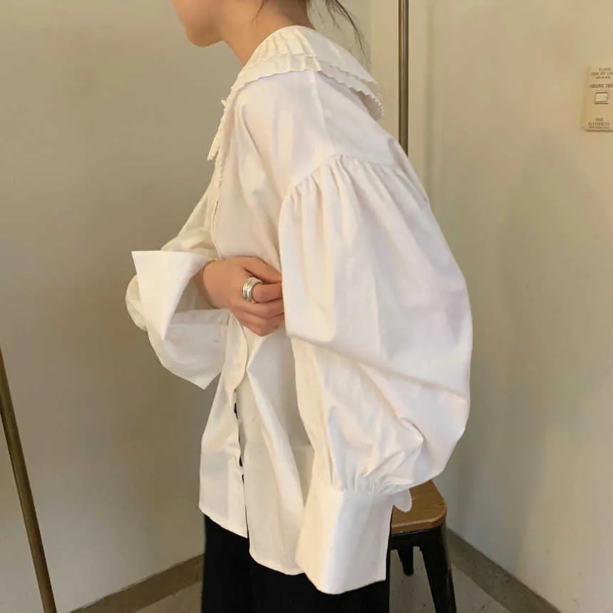 Camicia bianca elegante stile coreano Femme Spring Chic Camicette da donna Manica lunga Risvolto Top bambola allentato Blusas 210525