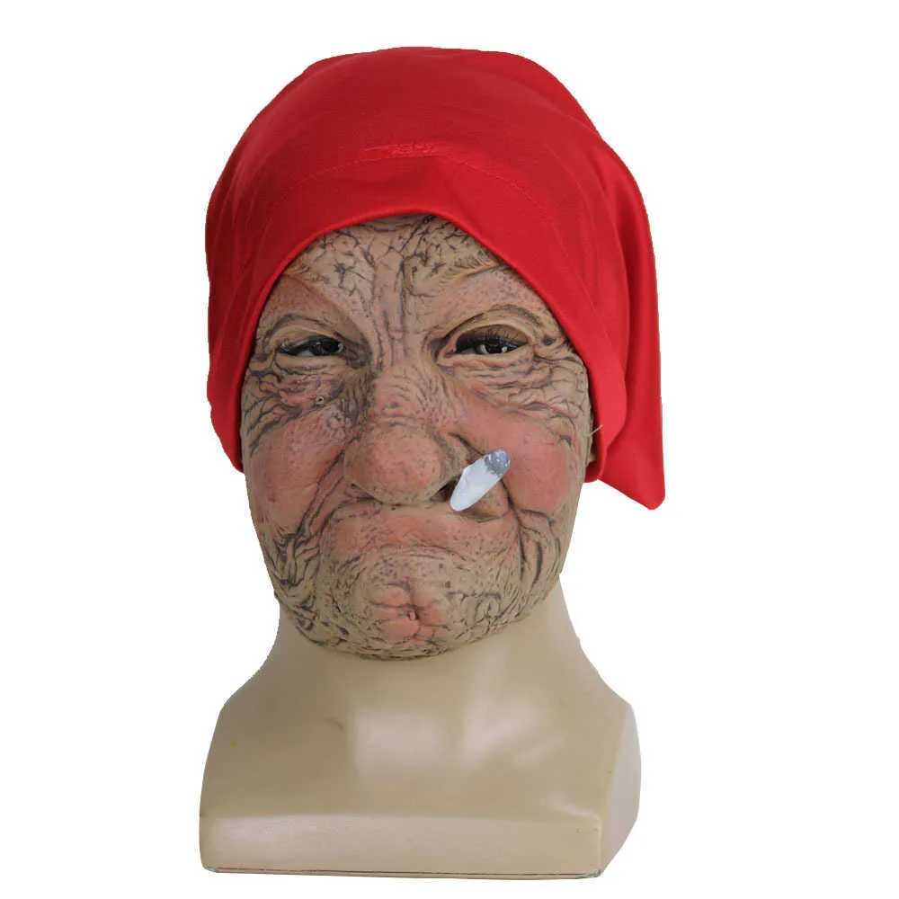 喫煙おばあちゃんラテックスマスク老婦人のしわのある顔と赤いスカーフ衣装小道具ハロウィンパーティーホラーマスク用品 L230704