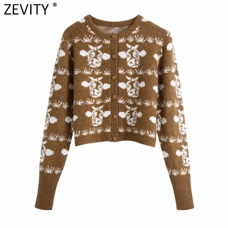 Zevity Women Fashion O Neck Animal Mönster Virkade Stickning Cardigans Sweater Kvinna Chic Långärmad Casual Short Tops S681 210603