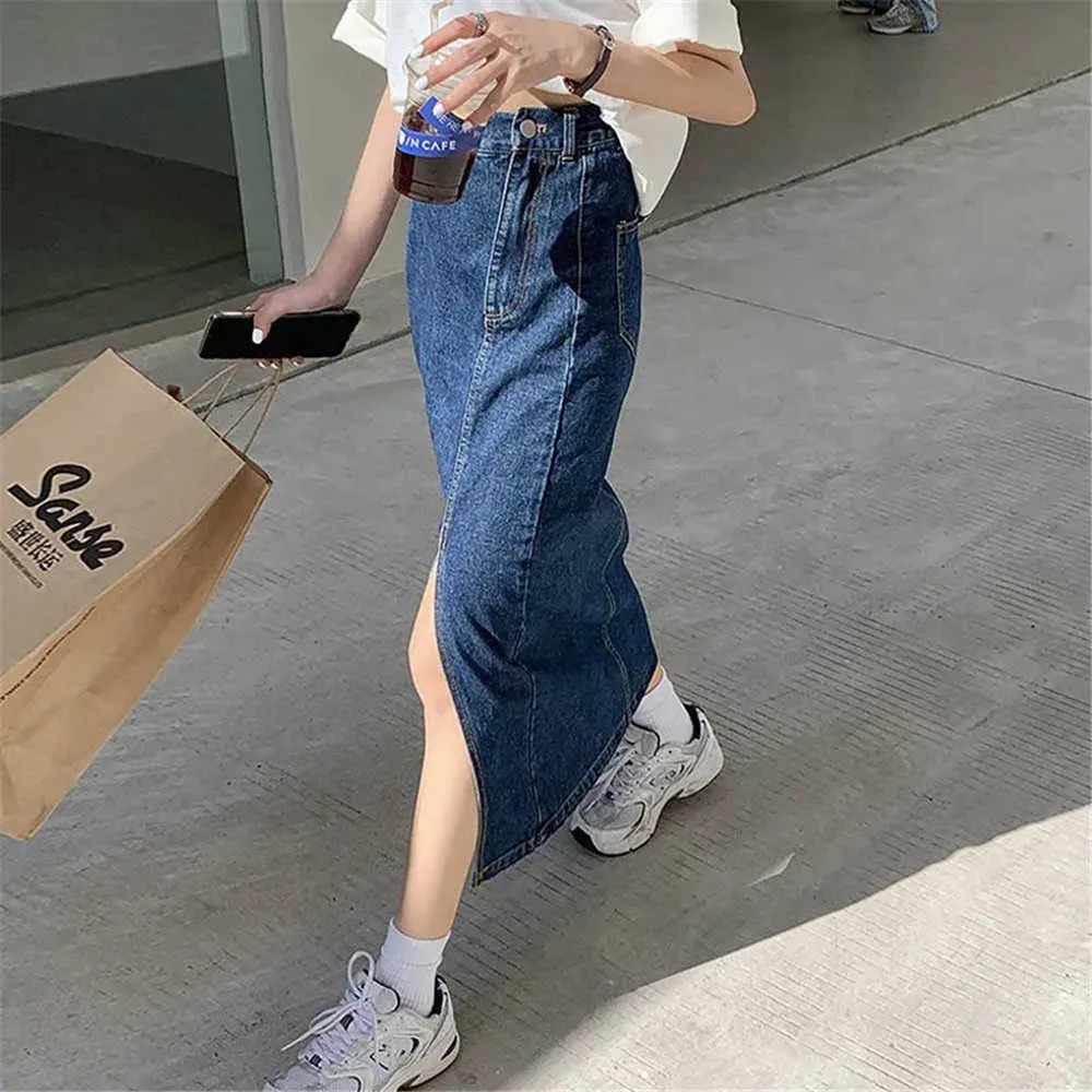 Vintage Simple Side Slit Denim Jupe longue Femme Taille haute Solide Taille haute Jean Jupes Style coréen Femmes Streetwear Vêtements 210619