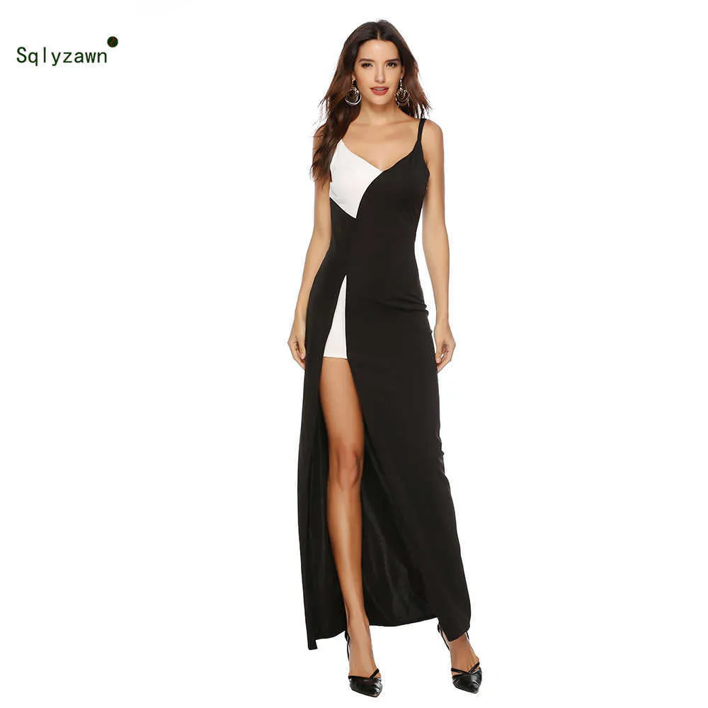 Sommar Elegant Svart Vit Stitching Dress Evening Party Women High Side Split Dress Slim Bodycon Maxi Dress Vestidos de Fiesta 210709