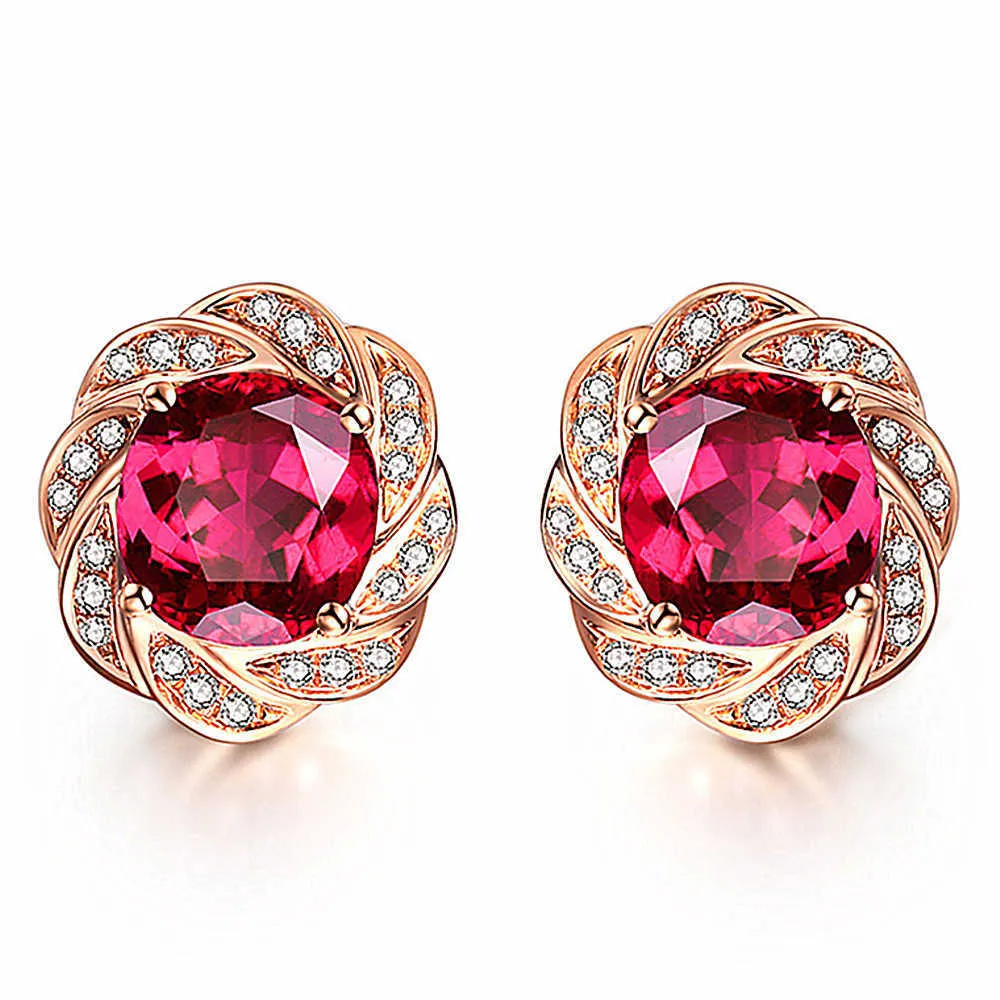 14k rose gold color flower red crystal ruby gemstones diamonds stud earrings for women classical jewelry brincos fashion bijoux 211039650