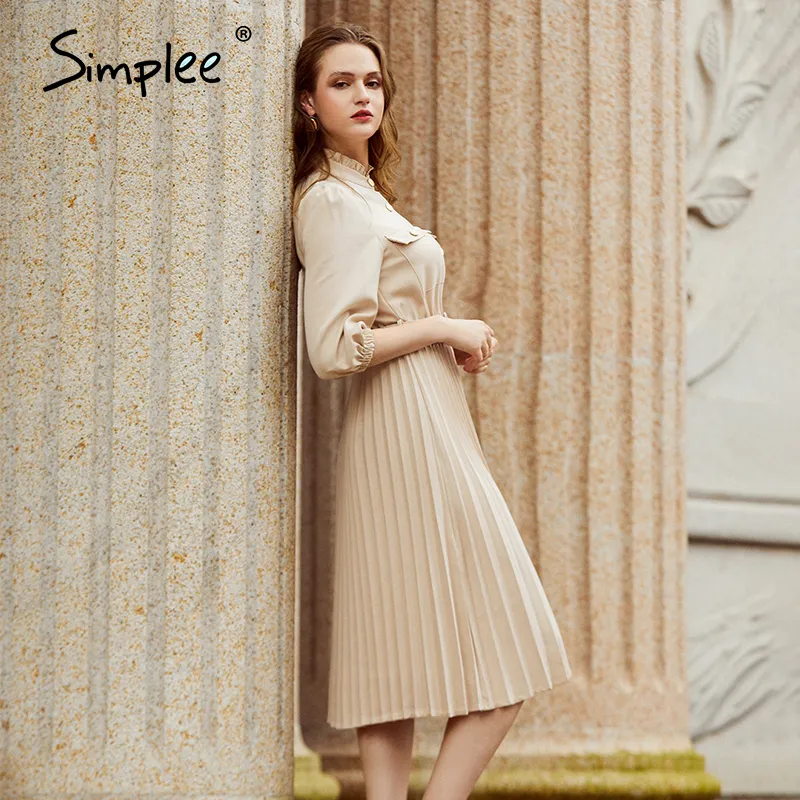 Simplee A-line holiday female midi dress Ruffled three quarter sleeve pleated dress Elegant belt office ladies pocket dress 210303