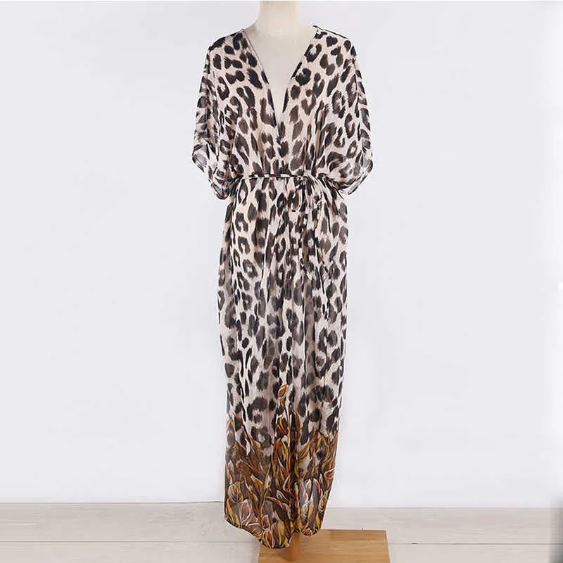 INGAGA imprimé léopard longue robe de plage Sexy Cardigan maillots de bain couvrir demi manches maillots de bain femmes ceinturé maillot de bain 210722