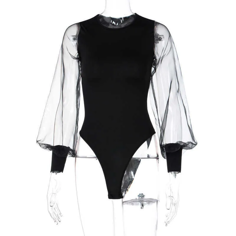 Asia Sheer Bodysuit Top See Through Patchwork Crewneck Long Sleeve Bodycon Romper Women Clothing Fashion Streetwear 210527