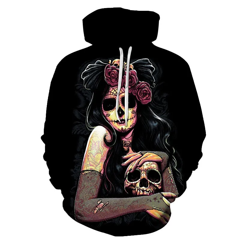 Zwart Gothic Rose Girl in A Mask Print Hoodies Sexy Women Long Sleeve pullover Fashion oversized hoodie dames mannen kleding lj201130