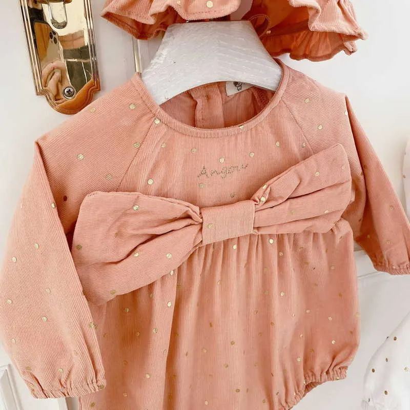 Lente baby meisje bodysuit brief boog jumpsuit met pet geboren schattige stijl kinderkleding E19 210610