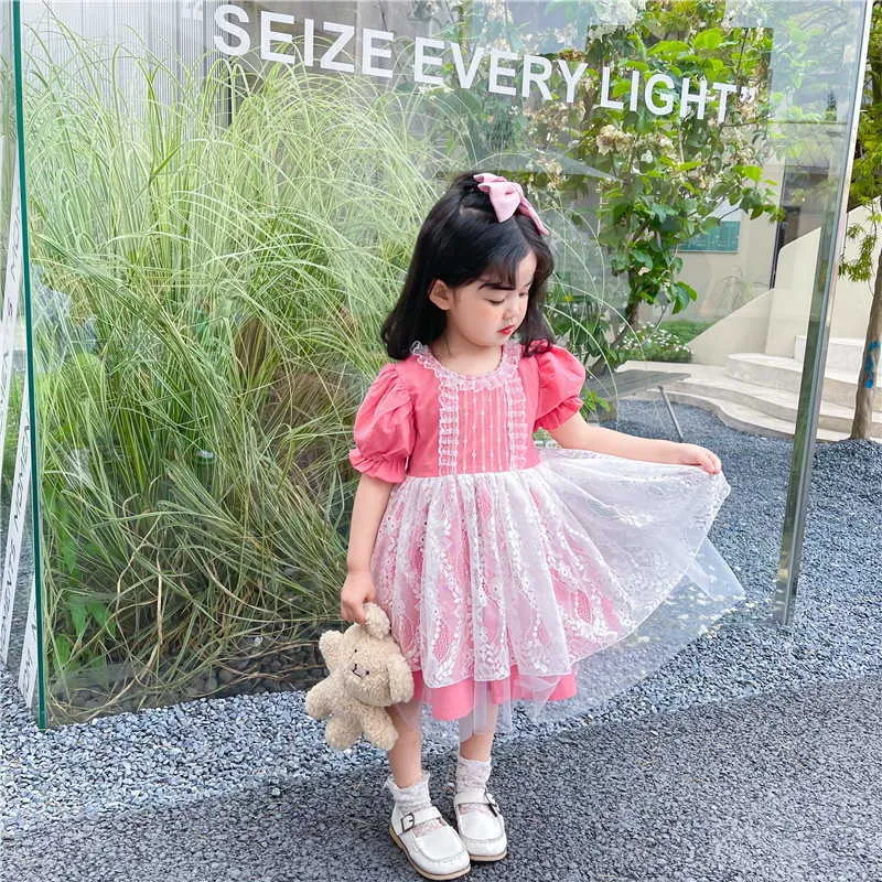 Koreaanse stijl zomer kinderen meisjes jurk roze kant open rug uitgehold liefde prinses kinderkleding E6042 210610