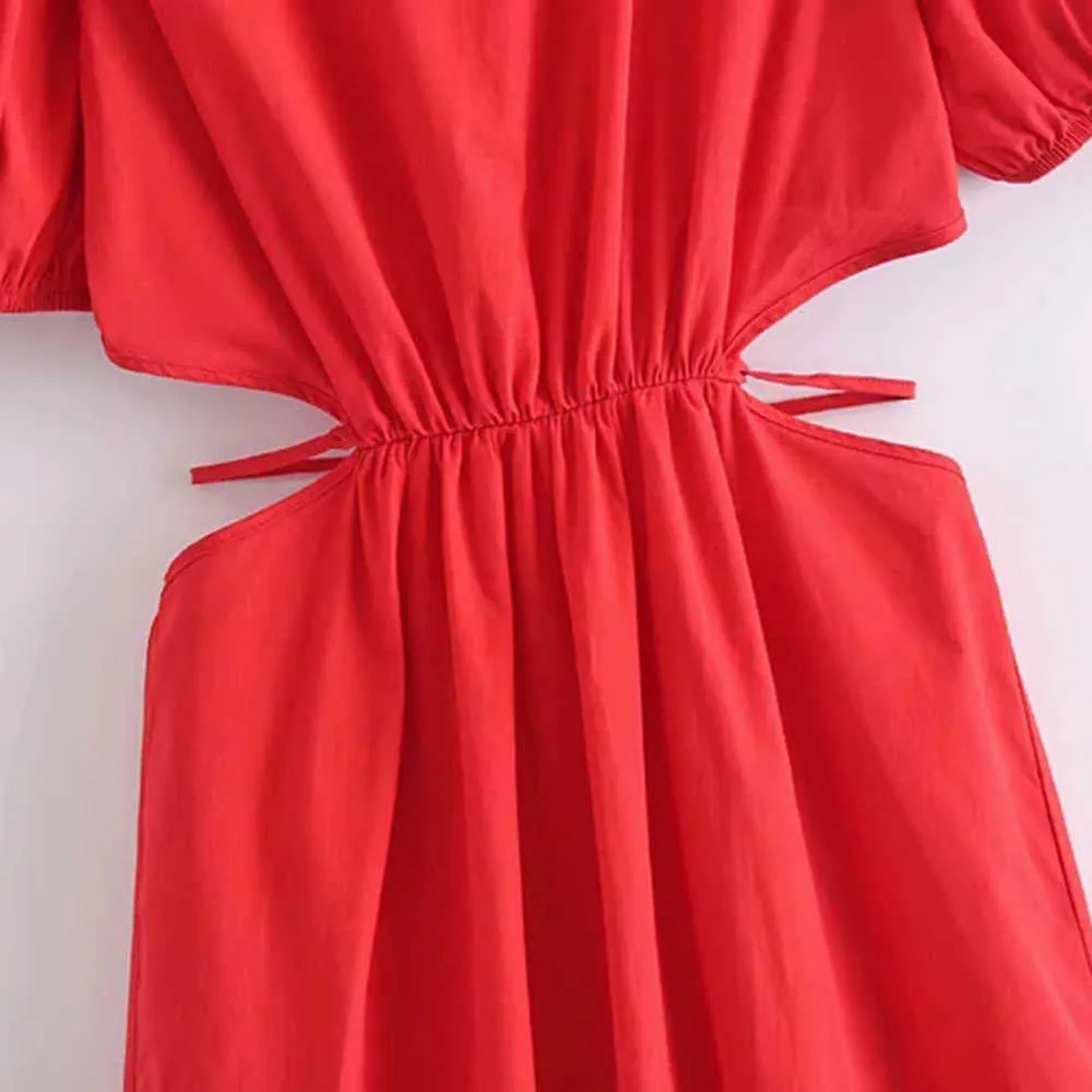 Verão za mulheres vestido moda oco bandage vermelho midi mulher shuff manga elegante festa longo es robe 210531