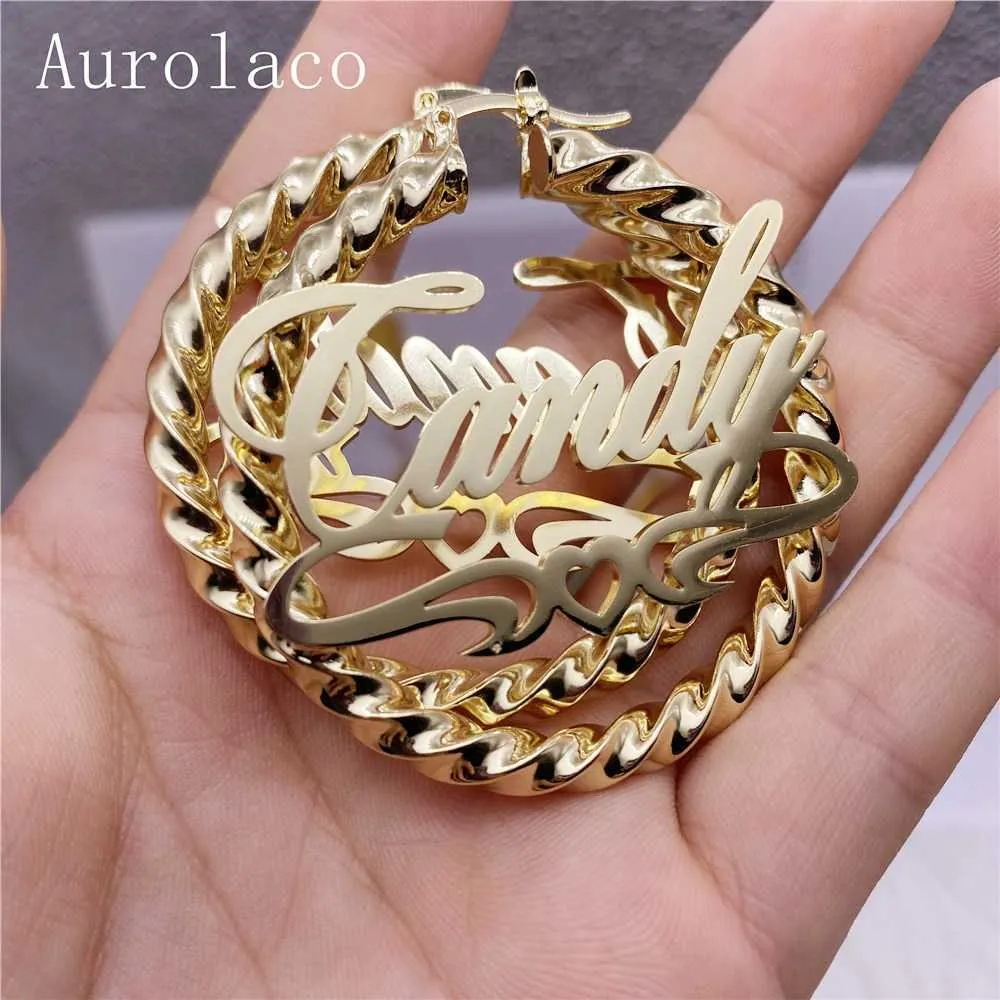 AurolaCo 30-90MM nom personnalisé boucles d'oreilles gros cerceaux en acier inoxydable Style Hip Hop pour les femmes cadeau 210924