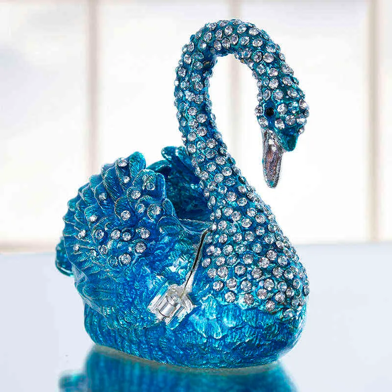 HD Elegant Blå Swan Trinket Keepsake Box Ornament Kristaller Hinged Figure Collectible Bejeweled Ring Holder Bröllop Favoriter 211108