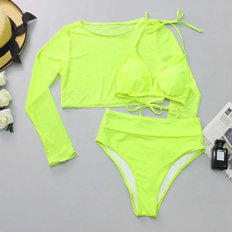 3 -teiliges Set Badeanzug Tanga Bikini mit Mesh Beach Cover Up Badebode Frauen sexy Verband Badeanzug Schwarz weiß Grün Orange 210621