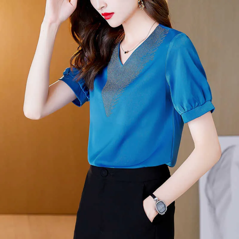Koreańska Moda Damska Koszula Szyfonowe Bluzki Dla Koszulek Z Krótkim Rękawem Kobiet Niebieski Włóż Wiertło Pulower Oversize Topy OL 210604