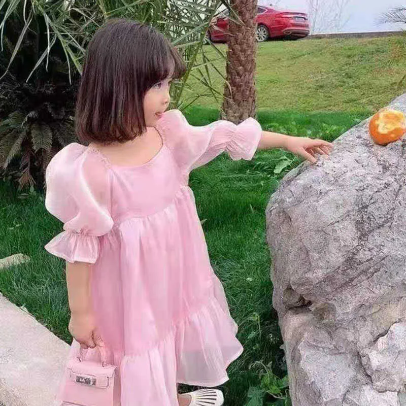 Sommer Mädchen Kleid Koreanische Feste Farbe Quadrat Kragen Garn Puff Sleeve Süße Party Prinzessin Baby Kinder Kinder Kleidung 210625