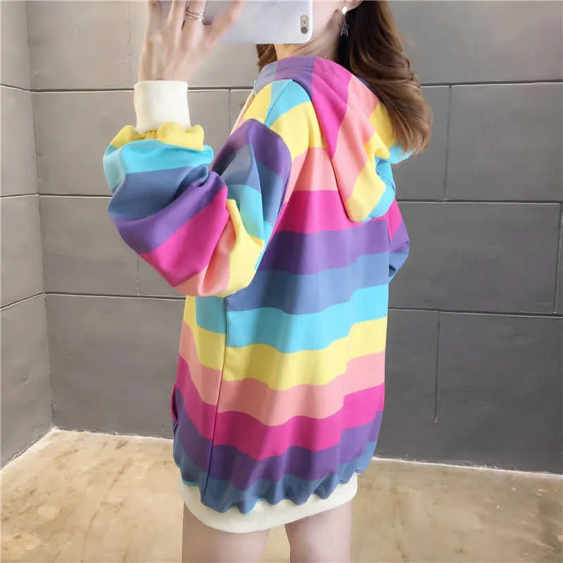 Casual Rainbow Stripe Hoodies Kvinnor Sweatshirt Höst Lösa Pullovers Sweet Girls Fashion Hooded Långärmad Färg 210526
