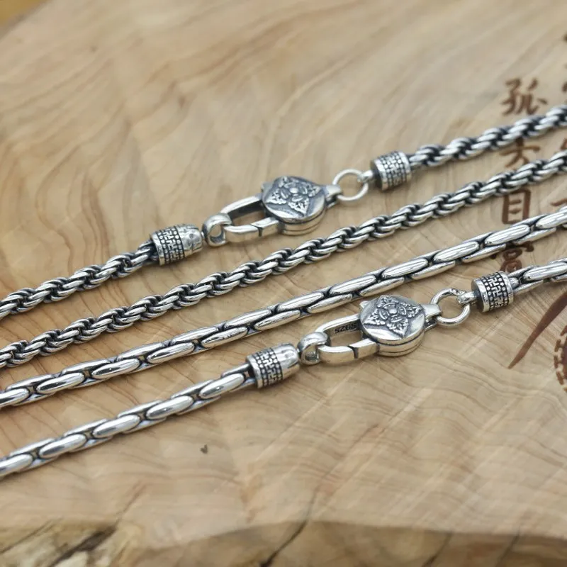 Collana da uomo in argento tailandese fatta a mano con catena in bambù intrecciata da uomo pura, elegante e semplice al 100% vera S925 da 3 mm
