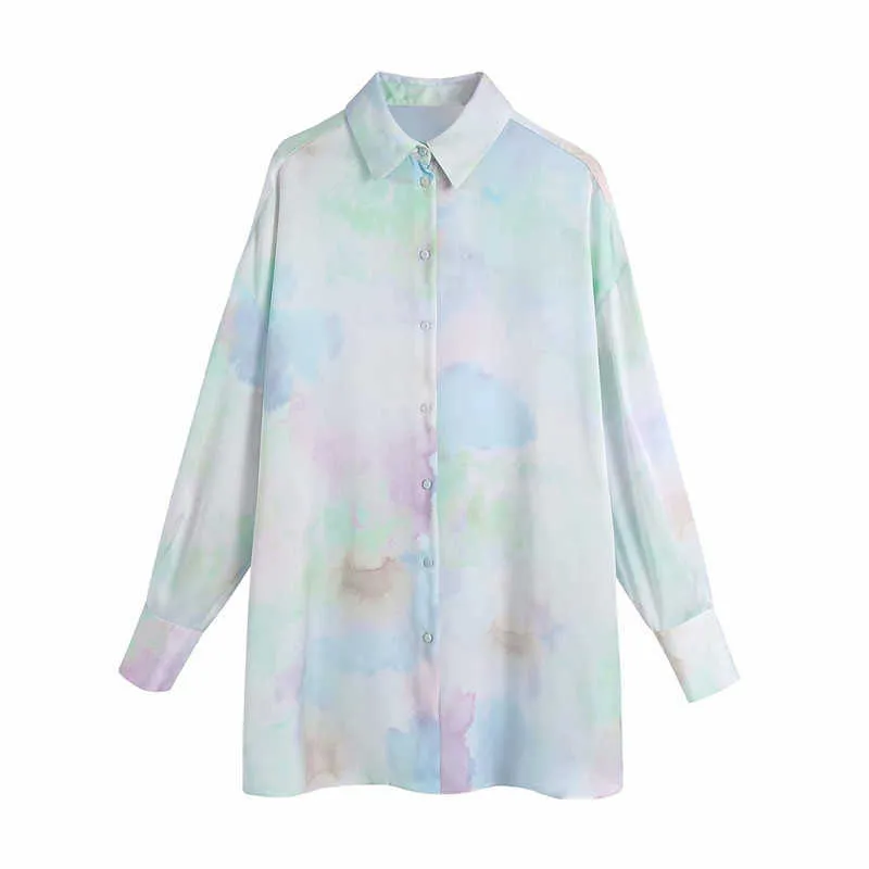 Za tie dye shirt vrouwen lange mouw vintage zomer shirts mode zijopeningen knop omhoog losse top vrouwelijke elegante blouses 210602