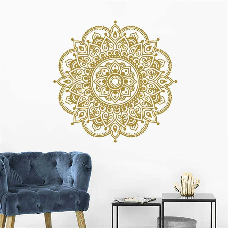 Or Mandala Stickers Muraux pour chambres Style Bohème Mandala Lotus Sticker Fleur Mur Art Yoga Studio Stickers Sticker Mural HY332 210615