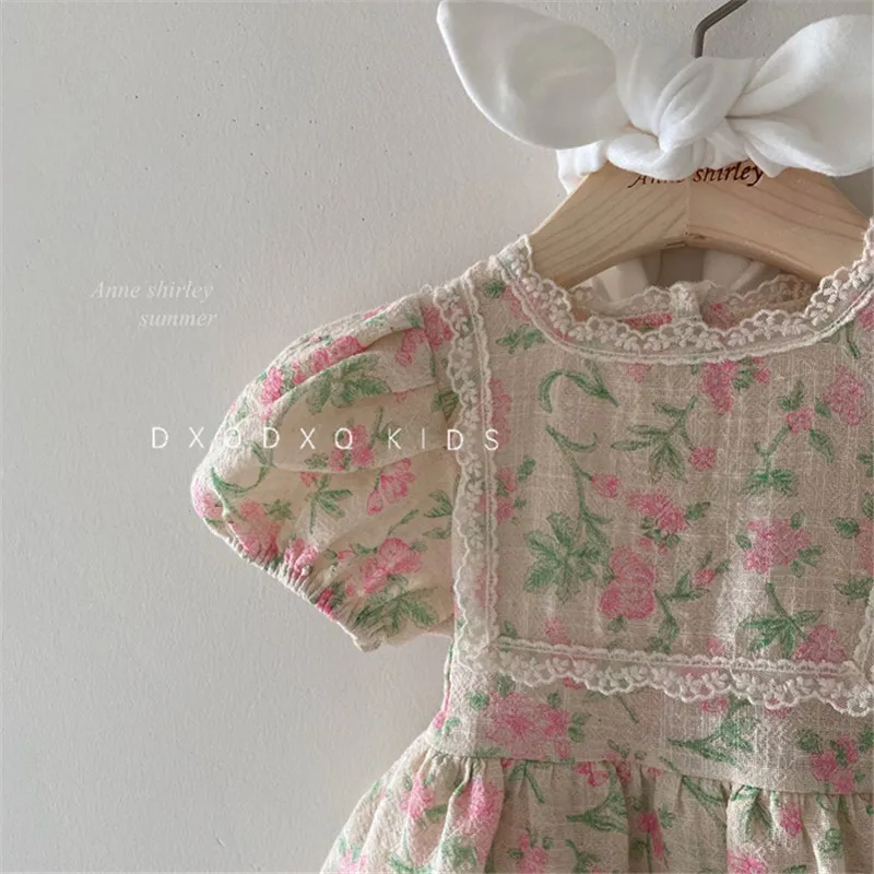Coreano estilo criança menina verão vintage tutu vestido floral padrão crianças meninas manga curta vestidos bebê moda verão 210331