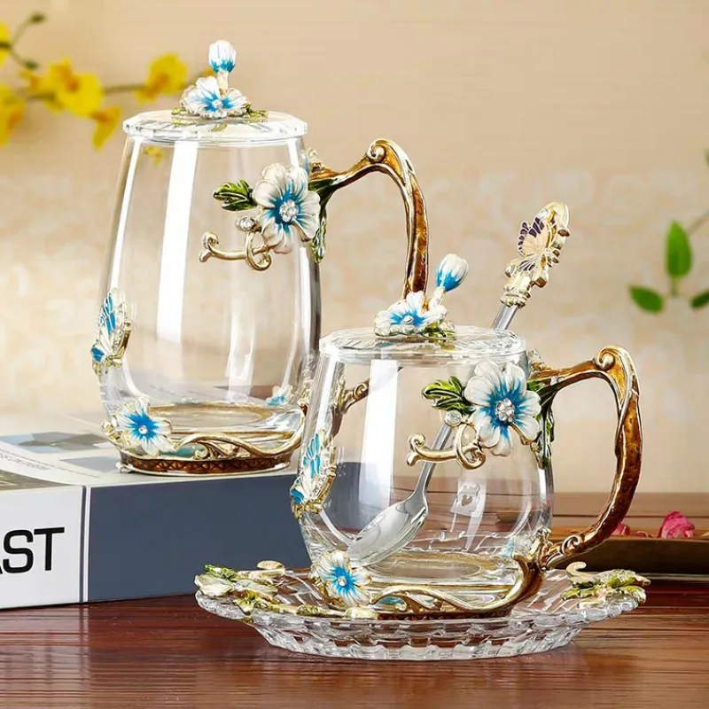 Beauté et nouveauté émail tasse à café tasse fleur thé verre s pour et boissons froides cuillère ensemble parfait cadeau de mariage 220311