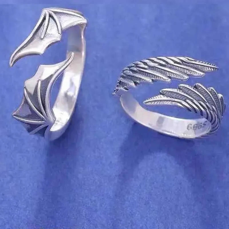Angel and Devil s925 anillo de pareja de plata esterlina personalidad creativa hombres y mujeres amigos anillo amantes de la moda amor regalo X0715
