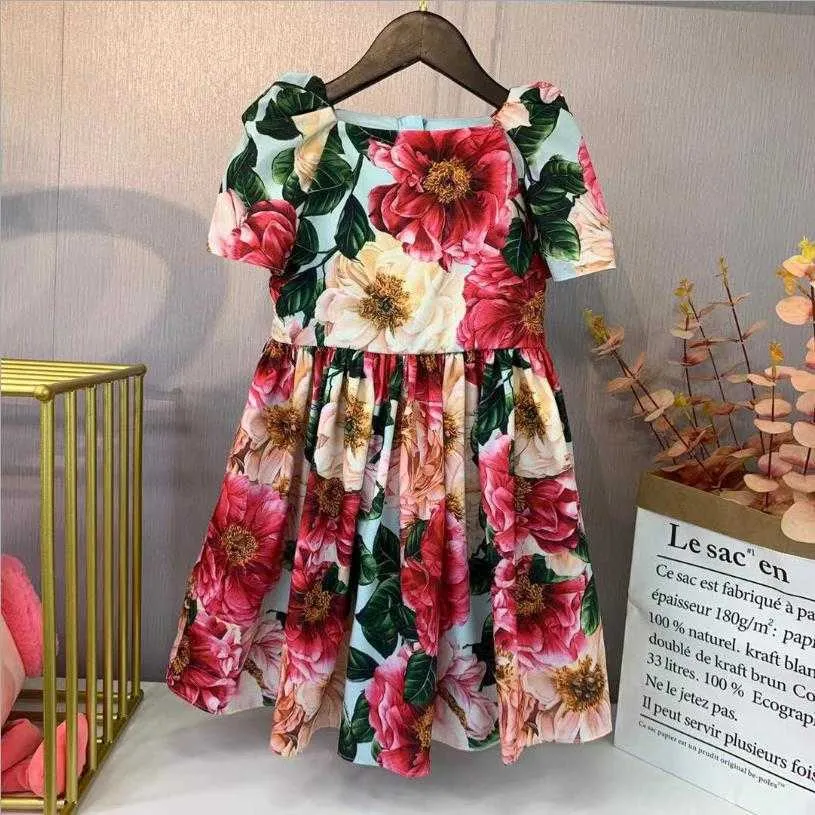 Neonata estate nuovo vestito dalla stampa bambini manica corta colletto quadrato vestito da fiore bambini vestito da principessa 2-14Y wz155 Q0716