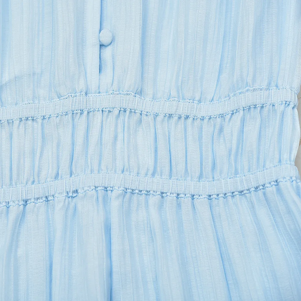 2021 осенний длинный слойный рукав V декольте небо синее платье французский стиль сплошной цвет панель кнопок на коленях платья G127046