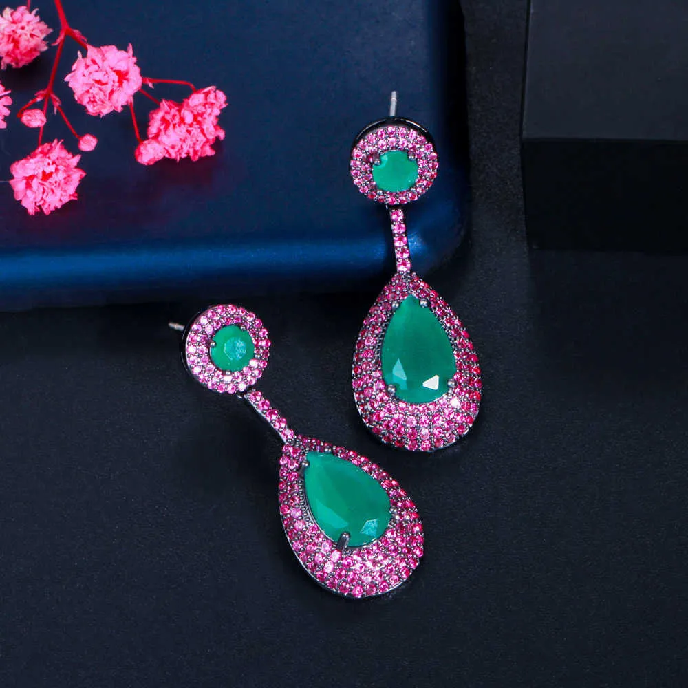 CWWZircons Micro Pave Pink Zirconia Green Emerald Dangle Water Drop Silver Engagement Party Oorbel voor Vrouwen CZ868 210624