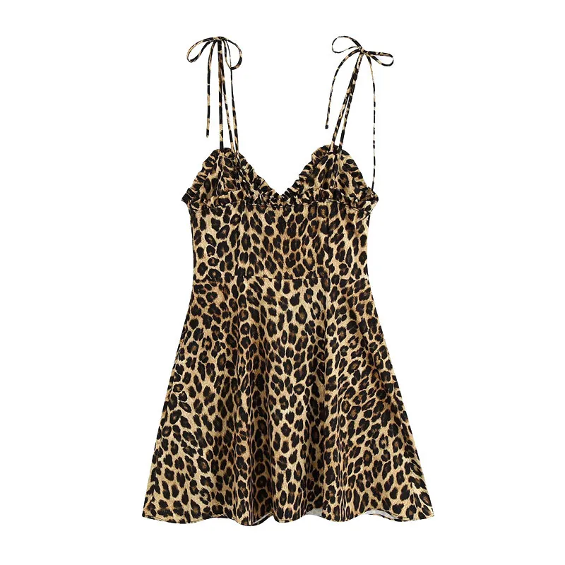 Women Vintage Chic Leopard Print Mini Dress Fashion Sexy V Neck Side Zipper Straps Dresses Vestidos Mujer 210303