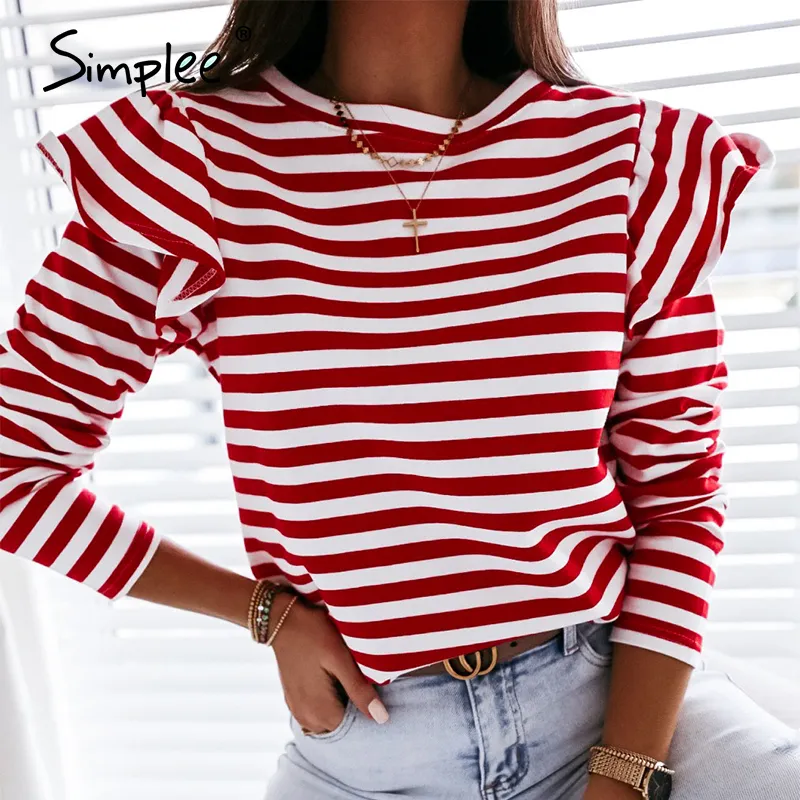 Simplee casual manga larga rojo blanco rayas Tops para mujer Otoño Invierno Ruffled Base camisa Streetwear cuello redondo mujeres Tops 210306