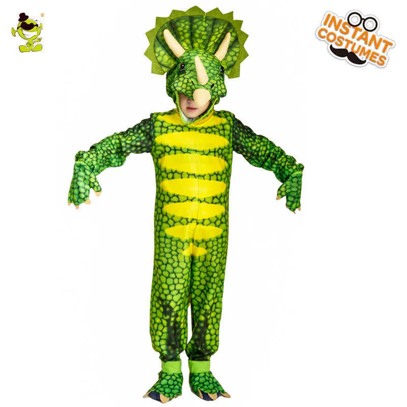 Costume da tuta da triceratopo bambini Costume cosplay Costume da dinosauro di colore verde Vestito operato Festa di Halloween di Natale ragazzi Q0910