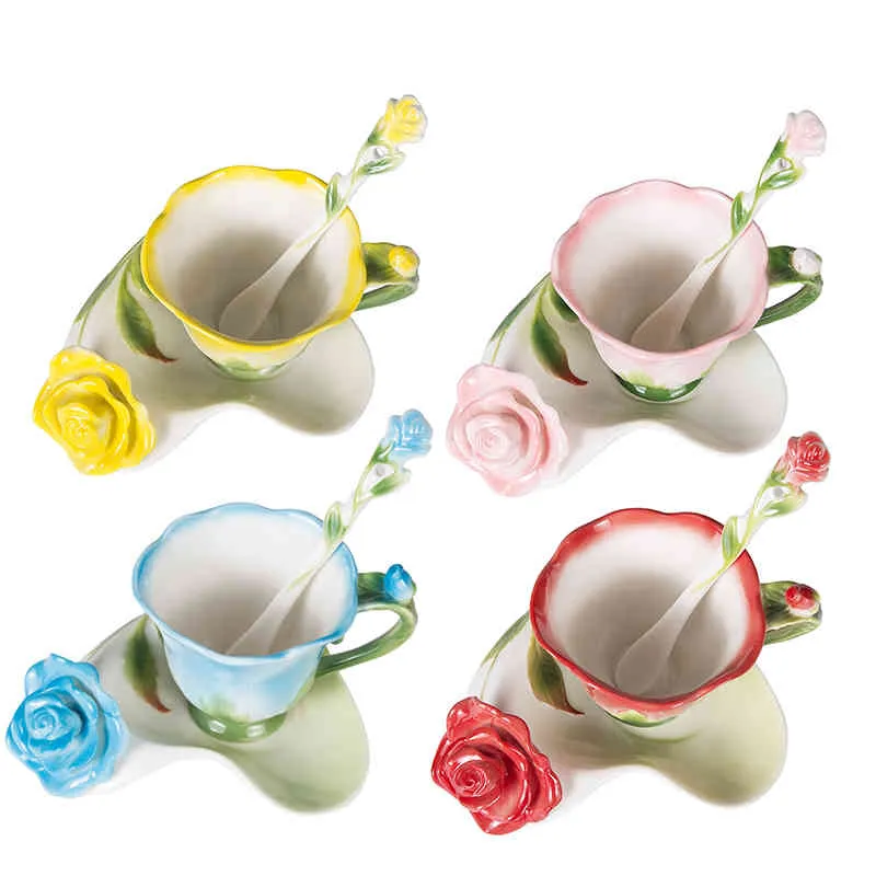 3D Rose Form Blume Emaille Keramik Kaffee Tee und Untertasse Löffel Hochwertige Porzellan Tasse Kreative Valentinstag Geschenk Design207p