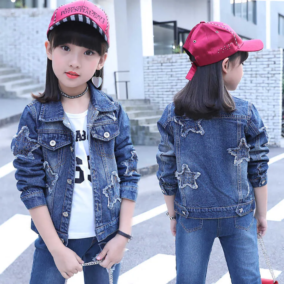 VOGUEON Mädchen Jeansjacke Strickjacke Mantel Kinder Jeans Outwear Schmetterling Stickerei Pailletten Kinder Kleidung Frühling Kleidung 211011