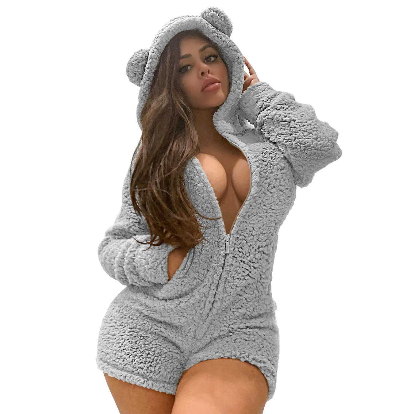 Winter teddy oor schattige nachtkleding onesies vrouwen sexy dames pluche verdikte kawaii hooded pyjama homewear warme jumpsuit nachthemd 210709