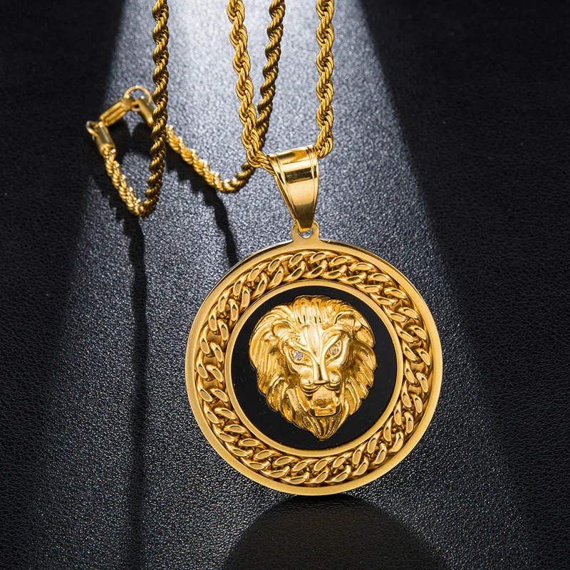 HIP Hop Gold Color Stainless Steel Bling Full CZ Iced Out Rope Chain Cuban chain Lion Pendants & Necklaces for Men Jewelry