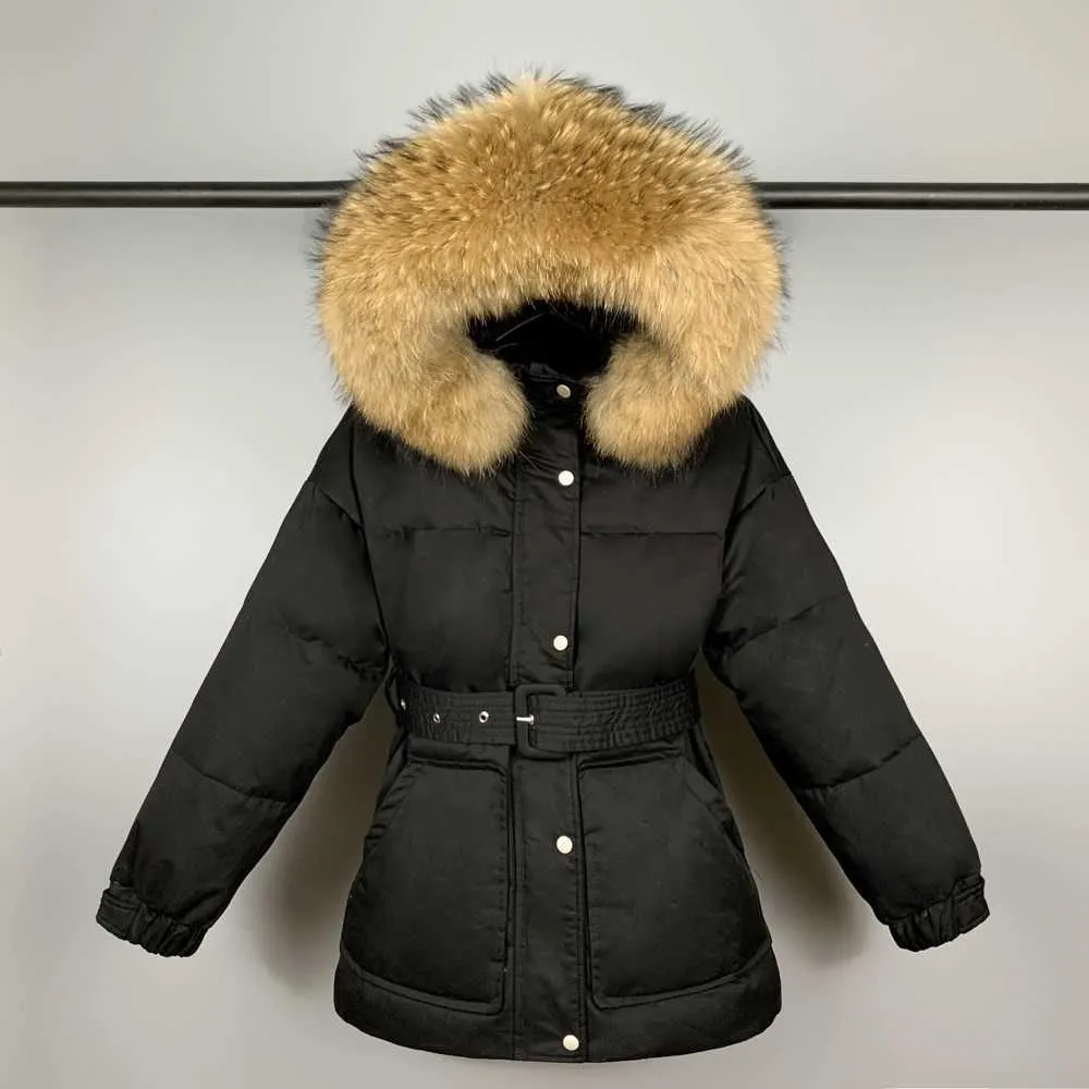 Hiver Femmes 90% Duvet de Canard Blanc Manteau Grand Col De Fourrure Naturelle À Capuche Veste Épaisseur Chaud Kaki Parkas Avec Ceinture 211008