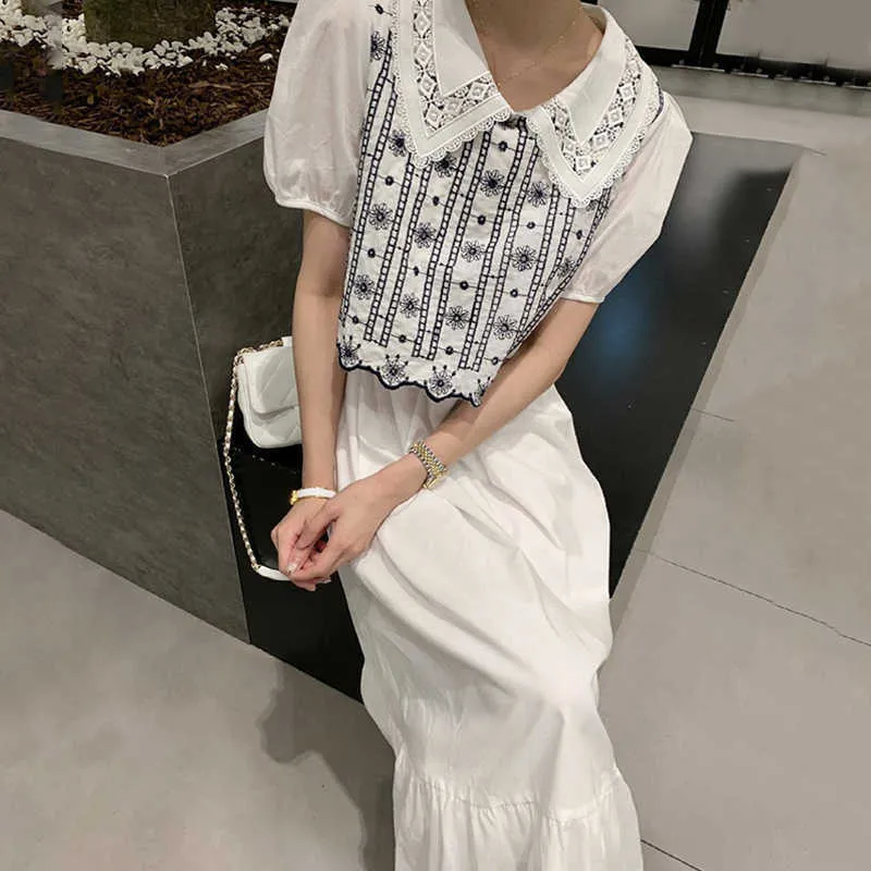 Korejpaa Women Dress Summer Korean Chic Elegant Temperament Doll Collar Flower Embroidery Stitching Puff Sleeve Vestidos 210526