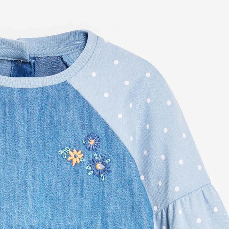 Kleider für Babys Marke Herbstkleidung Baumwolle Schmetterling Applikation Kleinkind Denim Kontrastfarbe Punktkleid für Kinder 2-7 Jahre Q0716