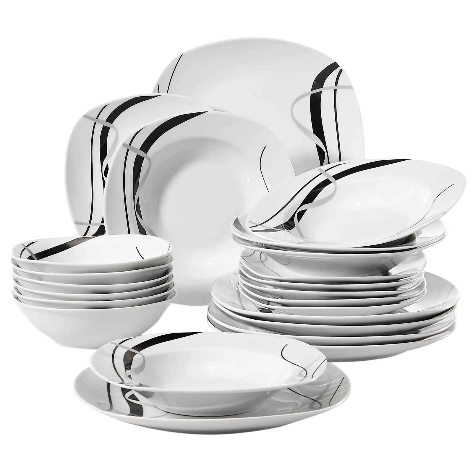VEWEET FIONA – ensemble combiné d'assiettes noires en céramique, 24 pièces, vaisselle en porcelaine, bols/assiettes à Dessert/assiettes à soupe/assiettes à dîner