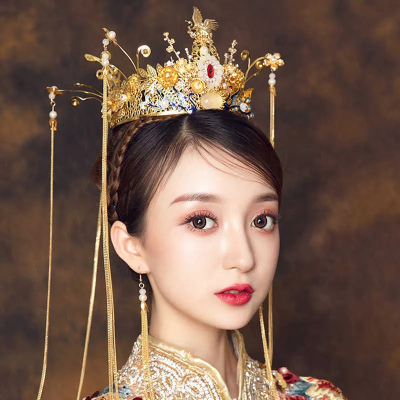 Forsven kinesisk brud brud bröllop hår smycken uppsättningar Kina guld phoenix blomma tiaras krona med tofsar dangle örhängen h1022