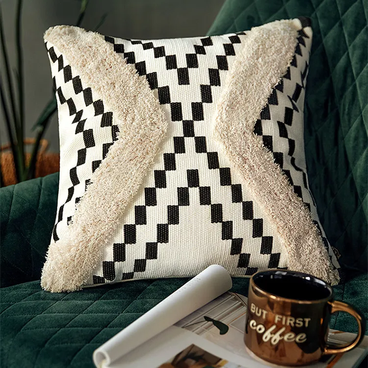 Fodera cuscino ricamata a mano con decorazioni geometriche nere la casa Fodera cuscino beige con nappe Federa cuscino Sham 30x50cm 210315