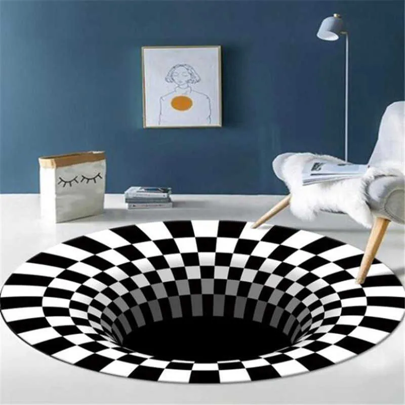 Bedroom Rugs Black White Grid Printing 3D Illusion Vortex Bottomless Hole Carpets For living room Home Decoration Rugs 210727