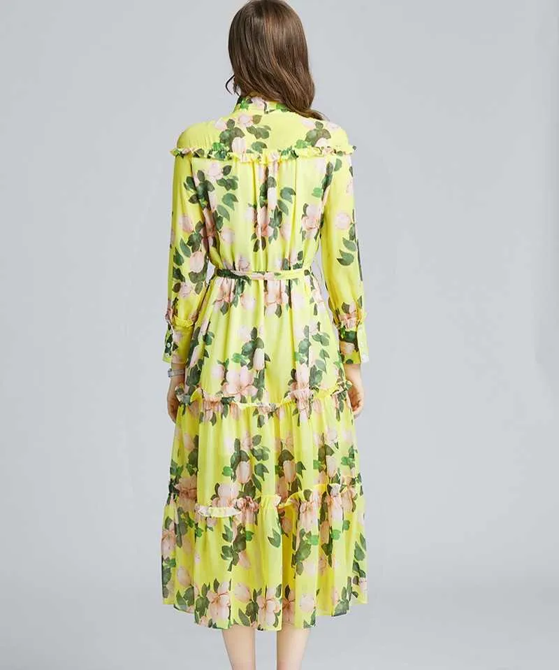 Frühling Sommer Modedesigner Vintage Kleid Langarm Stehkragen Blumendruck lässig 210531