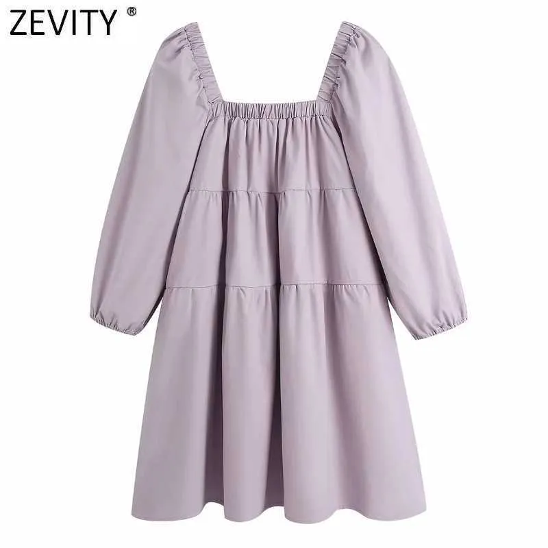 ZEVITY Frauen Französisch Stil Solor Elastische Falte Gerade Mini Kleid Damen Puff Sleeve Vestido Chic Casual Kleider DS8325 210603