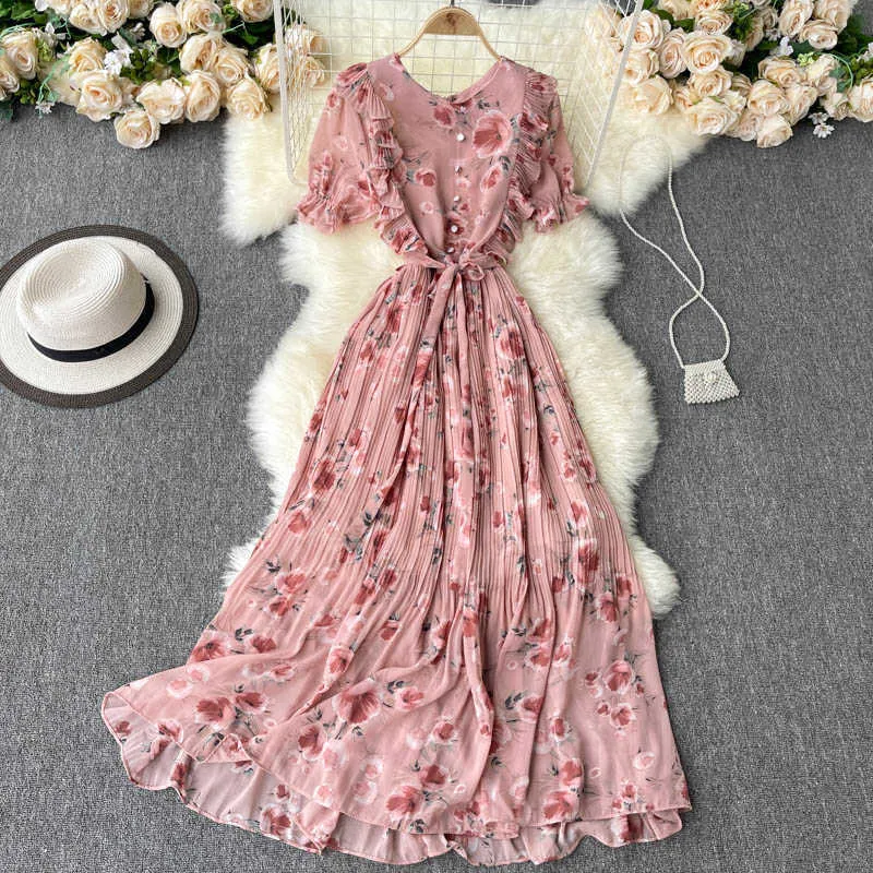 여름 보헤미안 휴가 쉬폰 롱 드레스 여성 블랙 / 블루 / 핑크 / 베이지 Pleated Vestidos 여성 프릴 로브 2021 새로운 패션 Y0603