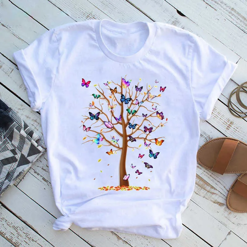 WVIOCE New Fashion Women Clothes Butterfly Tree Print Harajuku Summer T Shirt Casual Round Neck Short Slee Top T Shirt 24722 X0527