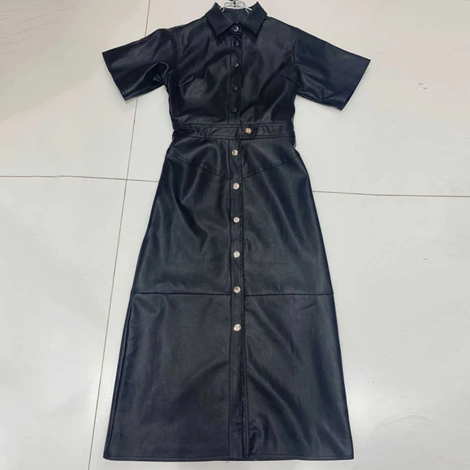 Automne femmes Pu cuir a-ligne robe revers manches simple boutonnage rétro noir célébrité fête Midi Vestidos 210527