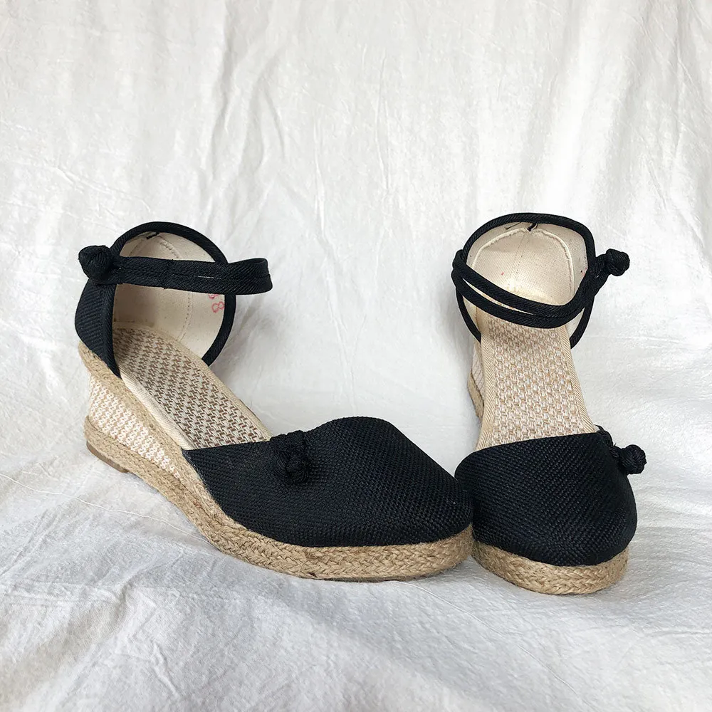 Veowalk Vintage femmes sandales décontracté toile de lin sandales compensées été bride à la cheville 6 cm Med talon plate-forme pompe espadrilles chaussures 210310